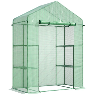 Outsunny 3-Tier Mini Greenhouse, Walk-in Greenhouse, Garden Hot House with 4 Shelves, Roll-Up Door and Weatherized Cover, 56" x 29" x 77", Green