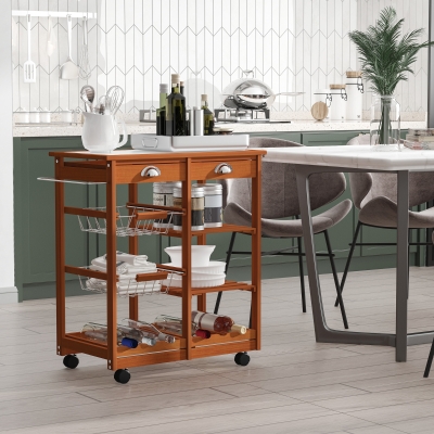HOMCOM Wooden Rolling Kitchen Cart, Natural, 2 Drawers, Wine Rack