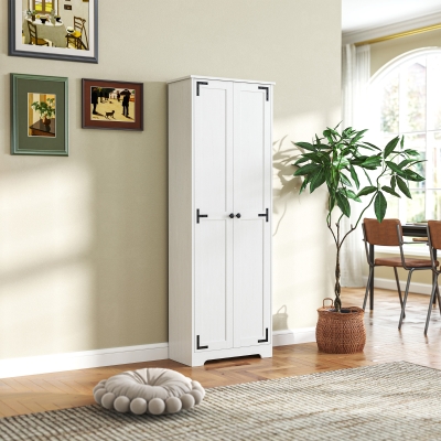HOMCOM 67" Farmhouse Pantry Cabinet with 2 Doors, Tall Storage Cabinet with Adjustable Shelves, Distressed White