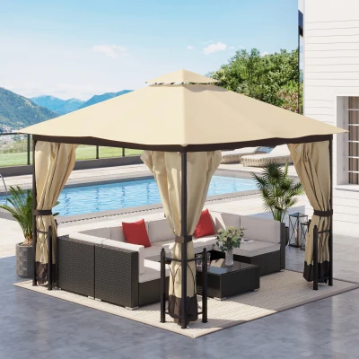 Outsunny 11' x 13' Patio Gazebo, Double Roof Canopy with Netting, Beige