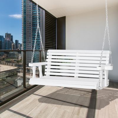 Outsunny 2 Seater Porch Swing Wooden Patio Swing Chair Seat with Cup Holder and Chains Outdoor Swing Bench for Garden Yard, White