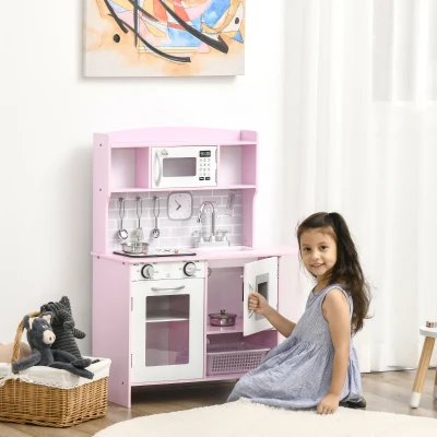Qaba Kids Kitchen Playset with Sound, Storage & Water Dispenser, Pink