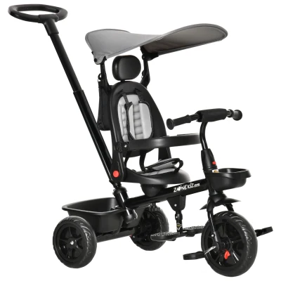 Qaba Kids Tricycle 4 In 1 Trike with Reversible Angle Adjustable Seat Removable Handle Canopy Handrail Belt Storage Footrest Brake Clutch for 1-5 Years Old Grey