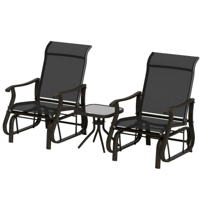 Outsunny 3PCs Gliding Rocking Chair & Bistro Tea Table Set, Black