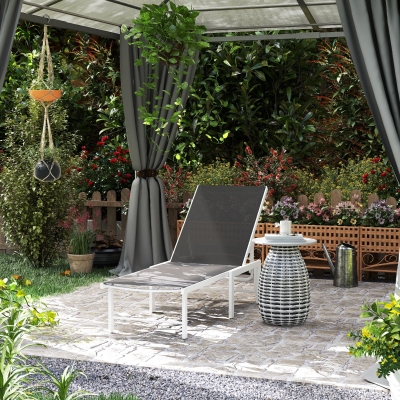 Outsunny Outdoor Lounge Chair, 5-Position Reclining Outdoor Chaise Lounge Tanning Chair with Mesh Seat, Grey