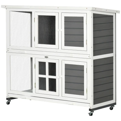 PawHut 2 Tier Wooden Rabbit Hutch with Wheels, Waterproof Roof, Removable Tray for Outdoor & Indoor, Dark Grey
