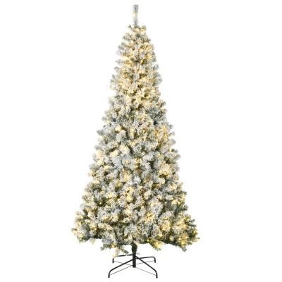 HOMCOM 7.5ft Artificial Prelit Christmas Tree with Warm White LED Light, Snow Flocked Branches, Metal Base, Xmas Tree