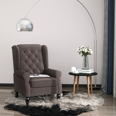 HOMCOM Fabric Accent Chair, Button Tufted Armchair, Upholstered Modern Living Room Chair, Wingback Chair with Wood Legs, Rolled Arms, Thick Padding for Bedroom, Brown
