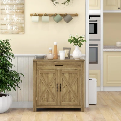 HOMCOM Farmhouse Sideboard Cabinet with Barn Doors, Drawer, Natural Wood