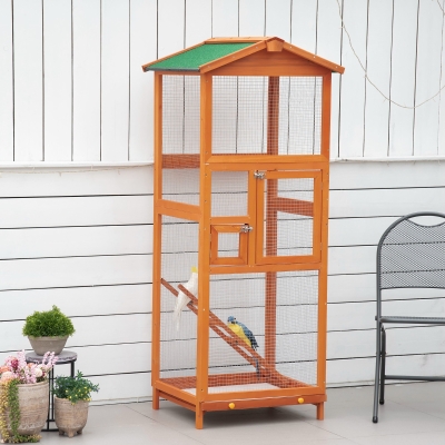 PawHut 65" Outdoor Wooden Birdcage Aviary with Pull Out Tray, Orange