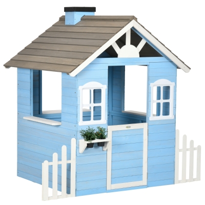 Outsunny Wooden Kids Playhouse, Blue with Flower Pot Holders