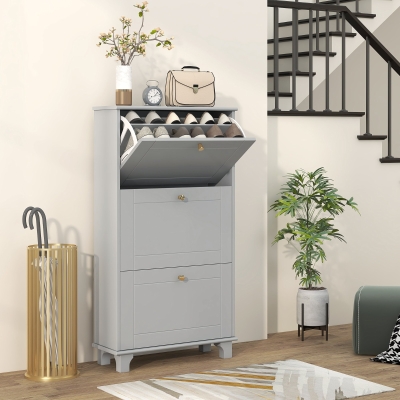 HOMCOM Narrow Shoe Storage with 3 Flip Drawers and Adjustable Shelves, Shoe Cabinet Organizer for 12 Pairs of Shoes, Grey