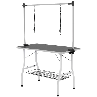 PawHut Foldable Dog Grooming Table with Adjustable Grooming Arms, Storage Shelf, Two Nooses, 42" x 24" x 61", Black