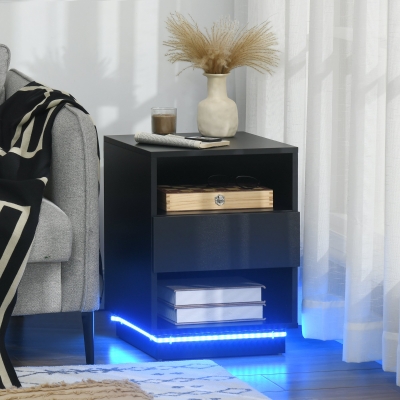 HOMCOM LED Nightstand, Bedside Table with LED Lights, Drawer, 2 Shelves, Remote, Side Table for Living Room, Bedroom