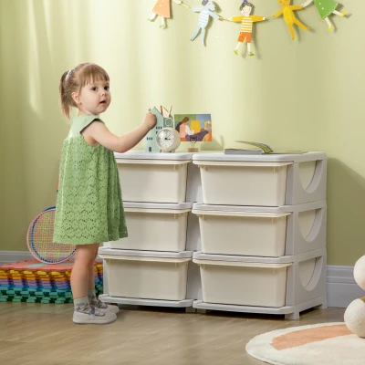 Qaba 3-Tier Kids Storage Unit, 6 Drawer Toy Organizer, Cream White