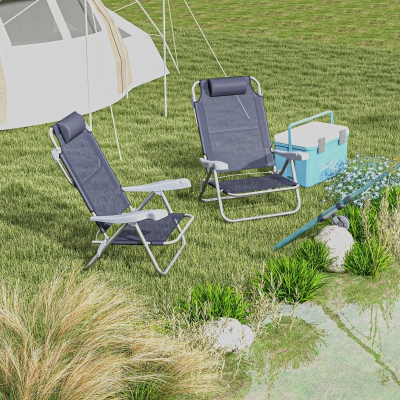 Outsunny Set of 2 Fishing Chairs, Camping Chairs with Adjustable Backrest and Headrest, Folding Chair for Outdoor, Dark Blue
