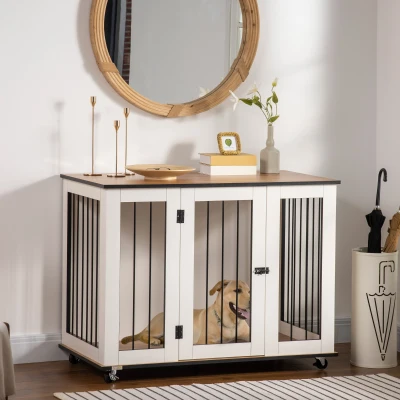 PawHut Dog Crate End Table with Wheels, Lockable Door, White