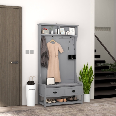 HOMCOM Coat Rack Shoe Bench, Hall Tree with Bench and Shoe Storage, Entryway Bench with 4 Hooks, 2 Drawers, 2 Shelves, Grey