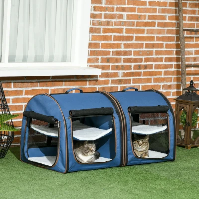 PawHut 39" Portable Cat Carrier, 2 Compartments, Blue