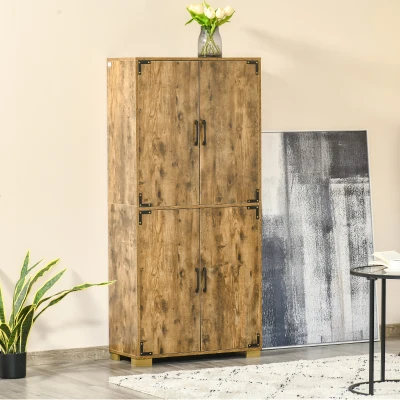 HOMCOM Industrial Kitchen Pantry Cabinet with 4 Doors, Rustic Wood