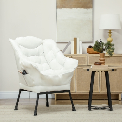 HOMCOM Modern Accent Chair, Armchair with Side Pockets and Solid Steel Legs, Comfy Reading Chair for Living Room, Cream White