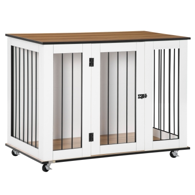 PawHut Dog Crate End Table with Wheels, Lockable Door, White