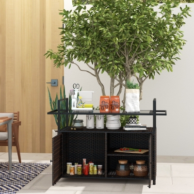 Outsunny 2-Tier PE Rattan Outdoor Bar Cart, Glass Top Outdoor Kitchen Island with Cabinet, Mixed Brown