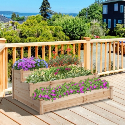 Outsunny 49" x 49" x 22" 3-Tier Raised Garden Bed Wooden Planter Kit Elevated Plant Box Stand for Yard, Patio, Natural