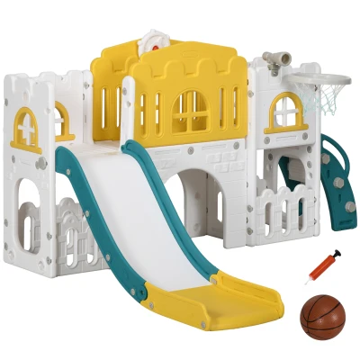 Qaba 7 in 1 Toddler Slide with Basketball Hoop, Climber, Telescope, Tunnel, Steering Wheel, for 1-3 Years, Yellow