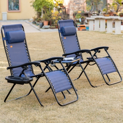 Outsunny Zero Gravity Chair Set of 2 Patio Chair with Side Table Cupholders and Pillows for Pool, Backyard, Lawn, Beach, Blue