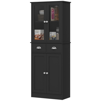 HOMCOM 61" Kitchen Pantry Cabinet, Freestanding Farmhouse Buffet Storage Cabinet with Soft Close Glass Doors and Adjustable Shelves, Black
