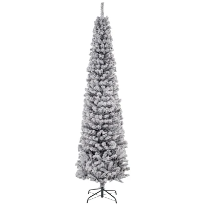 HOMCOM 7.5ft Flocked Christmas Tree, Pencil Christmas Tree with Realistic Branch Tips, Folding Metal Stand, Black