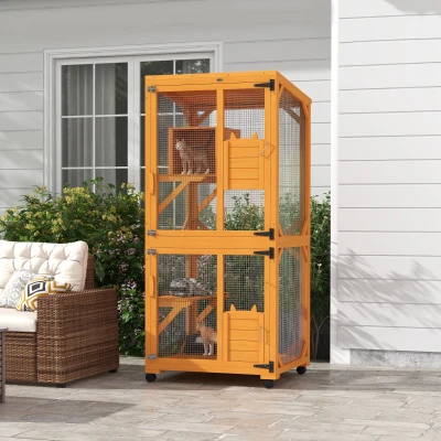 PawHut Large Wooden Cat House on Wheels for 1-3 Cats, Orange