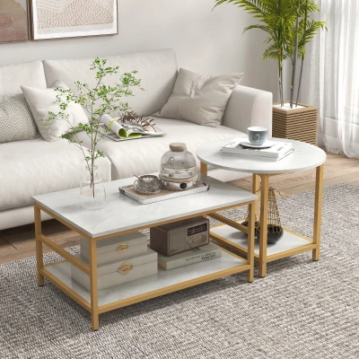 HOMCOM Coffee Table Set, Rectangle & Round with Storage, Faux Marble