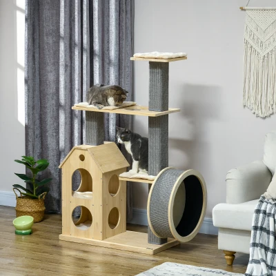 PawHut Cat Tree, Double-Layer House, 32"x16"x53", Natural