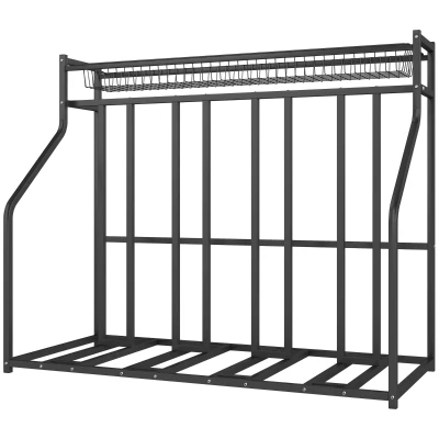 Soozier 4 Bicycle Bike Stand, Metal Floor Bike Storage Rack with Basket, Hooks, Indoor Outdoor Bicycle Stand, Black