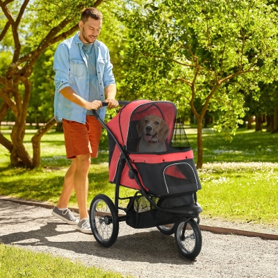 PawHut 3 Big Wheels Pet Stroller for Small, Medium Dogs, Cat Stroller Travel Folding Carrier with Adjustable Canopy, Red