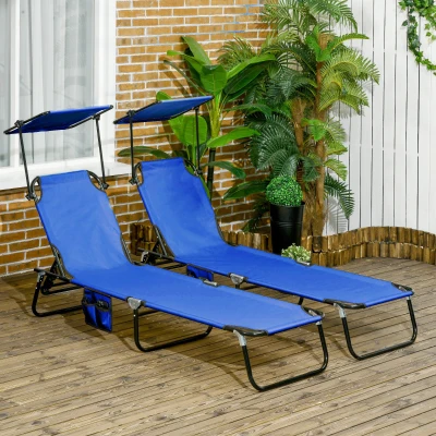 Outsunny Set of 2 Pool Chaise Lounge Chairs, Folding with Sunshade, Blue