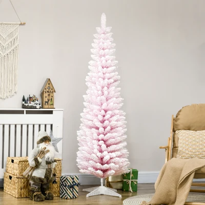 HOMCOM 6' Pink Snow Flocked Slim Christmas Tree, Unlit