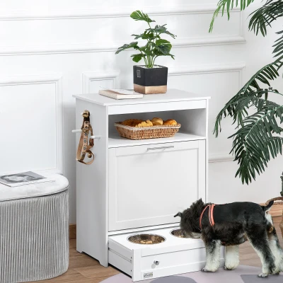 PawHut Pet Feeder Station Cabinet with Raised Bowls, White