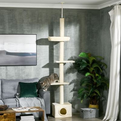 PawHut Floor to Ceiling Cat Tree with Scratching Post for Indoor Cats, Adjustable Height Cat Tower (91-102 Inches) with House, Bed, Beige