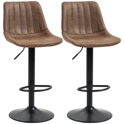 HOMCOM Adjustable Bar Stools Set of 2, Leathaire Swivel Barstools with Back and Footrest, Upholstered Bar Chairs for Kitchen, Dining Room, Home Pub, Brown