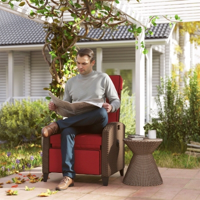 Outsunny Outdoor Recliner Chair with Adjustable Backrest, Cushion, Side Tray, Wine Red