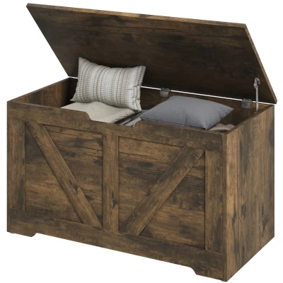 HOMCOM 31.5 Inches Storage Chest, Storage Trunk with 2 Safety Hinges, Wooden Box for Living Room, Brown Wood Grain