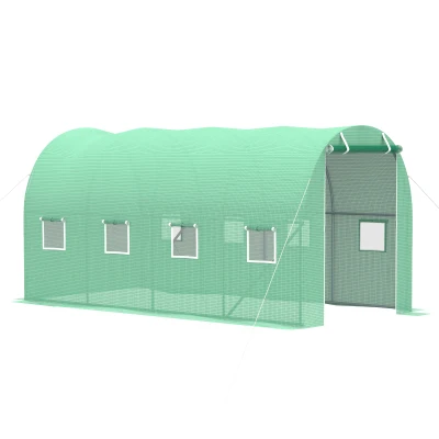 Outsunny Walk-in Tunnel Greenhouse, 13 x 6.4 x 6.5 ft Hoop House with Zipped Roll-Up Door and 8 Mesh Windows, Outdoor Greenhouse with Galvanised Steel Frame, Green