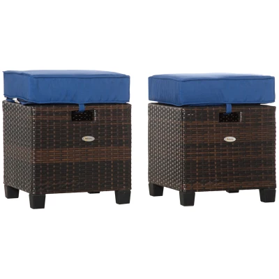 Outsunny 2 PCS Patio Wicker Ottoman Set, Two Square Outdoor PE Rattan Footrest with Removable Cushion, Freely Combined Furniture w/ Handle for Backyard, Garden, Poolside, Blue