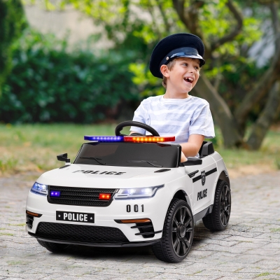 Qaba 12V Kids Electric Police Car w/ Remote Control, Spring Suspension, Transport Wheel, Siren, Music, Light, Horn, White
