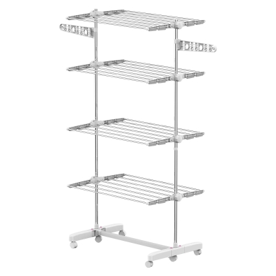 HOMCOM Garment Drying Rack Stainless Steel Folding Clothes Hanging Rack with Side Wings Castors for Indoor Outdoor White