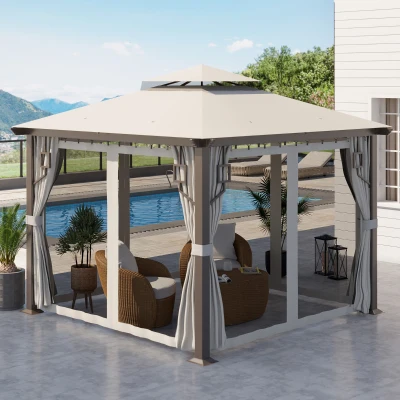 Outsunny 10' x 10' Patio Gazebo, Cream White with Curtains