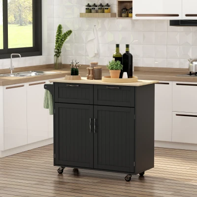 HOMCOM 41" Rolling Kitchen Island Cart, Black Rubberwood Top